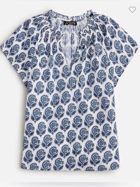 J. Crew Smocked flutter-sleeve Top Bouquet Block print Sz L Cotton Ruffle Neck
